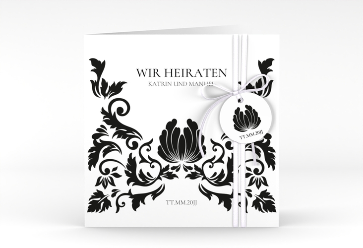 Hochzeitseinladung Royal quadr. Klappkarte weiss hochglanz mit barockem Blumen-Ornament
