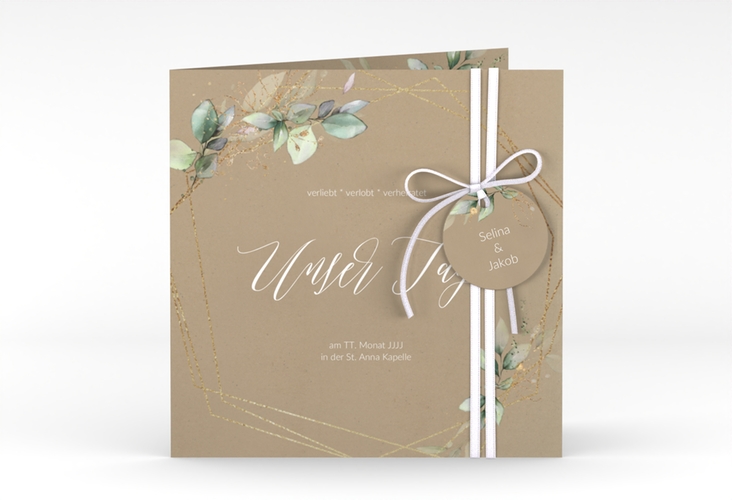 Hochzeitseinladung Greenish quadr. Klappkarte Kraftpapier hochglanz
