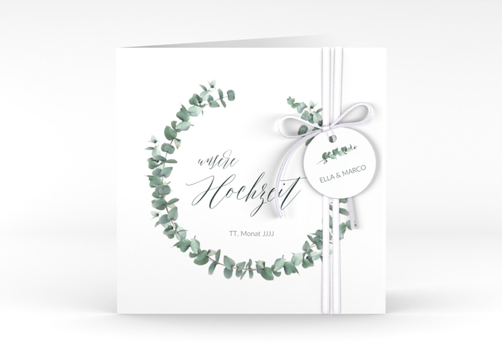 Hochzeitseinladung Silverleaf quadr. Klappkarte mit Eukalyptus-Zweig