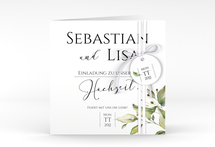Hochzeitseinladung Leaves quadr. Klappkarte weiss hochglanz