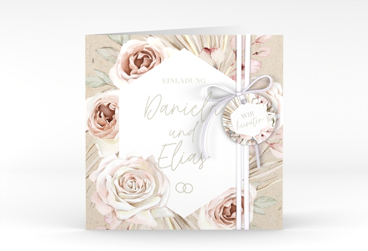Hochzeitseinladung Bohorose quadr. Klappkarte Kraftpapier