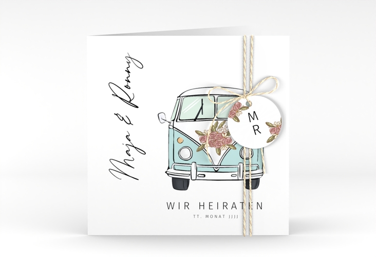 Hochzeitseinladung Hochzeitsbulli quadr. Klappkarte blau hochglanz