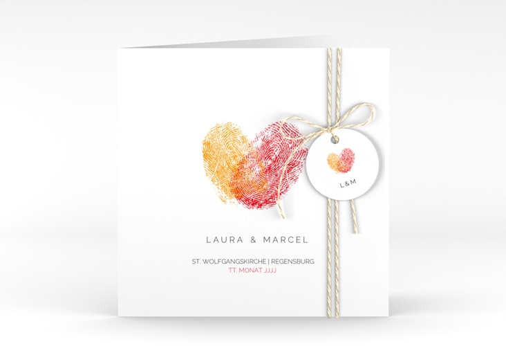 Hochzeitseinladung Fingerprint quadr. Klappkarte rot schlicht mit Fingerabdruck-Motiv