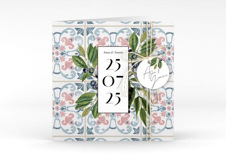 Hochzeitseinladung Mediterraner Flair quadr. Klappkarte mit Auzlejo-Fliesenmuster und Lorbeer