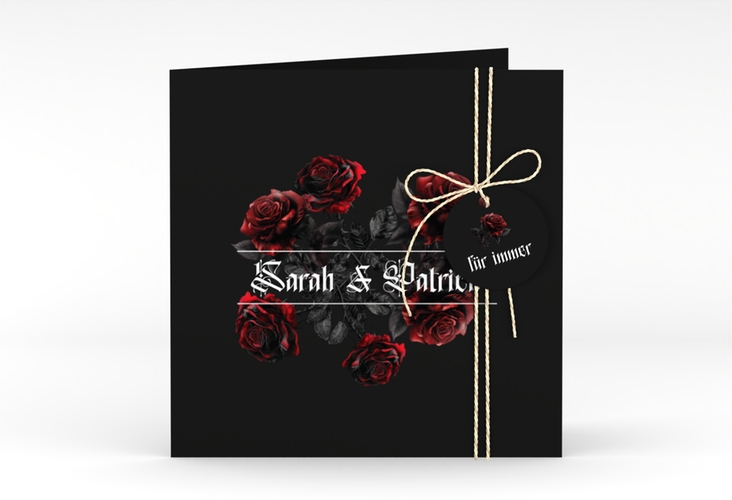 Hochzeitseinladung Gothic Rose quadr. Klappkarte schwarz hochglanz