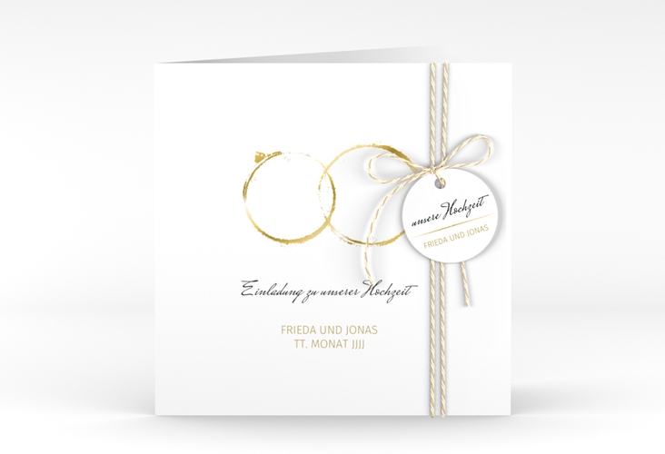 Hochzeitseinladung Trauringe quadr. Klappkarte gold minimalistisch gestaltet mit zwei Eheringen