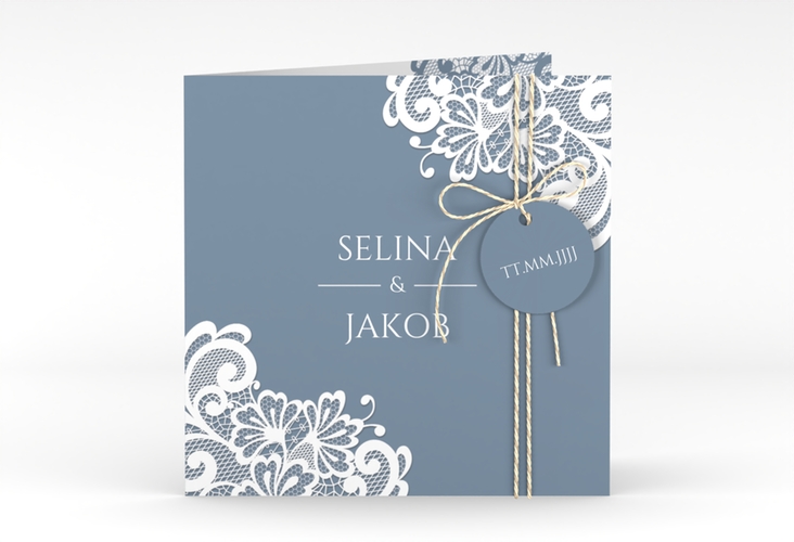 Hochzeitseinladung Vintage quadr. Klappkarte blau mit floraler Spitze