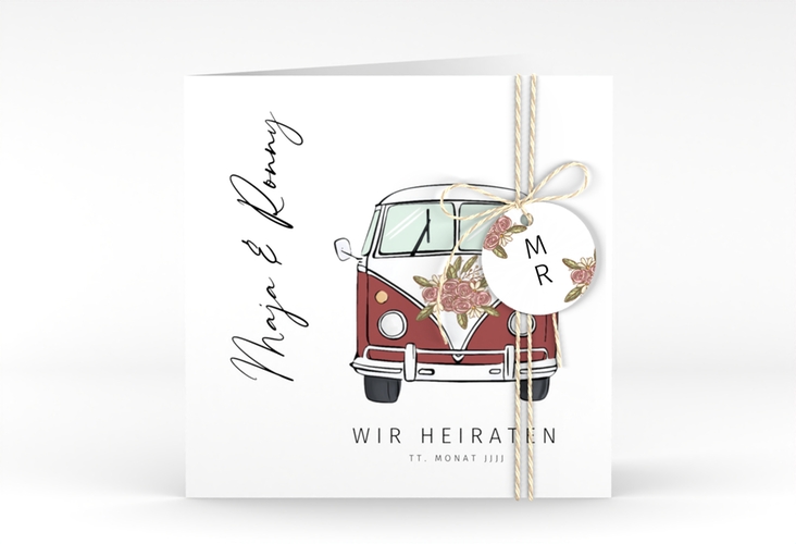 Hochzeitseinladung Hochzeitsbulli quadr. Klappkarte rot hochglanz