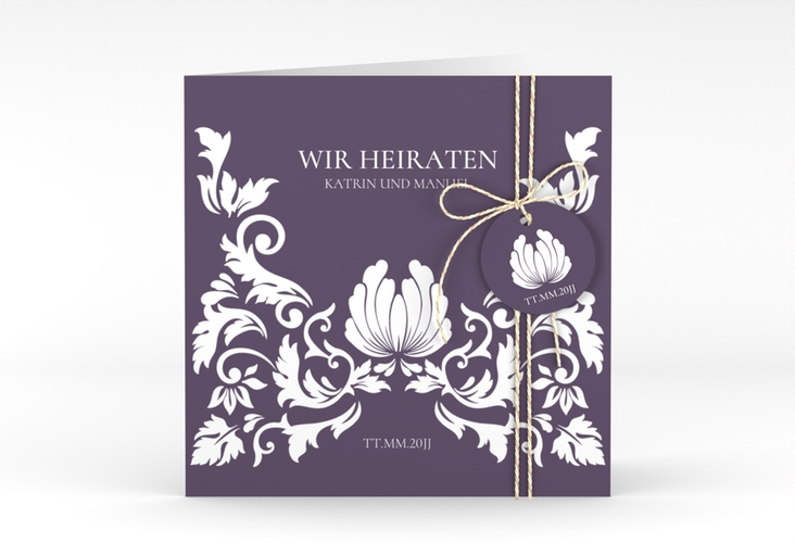 Hochzeitseinladung Royal quadr. Klappkarte lila mit barockem Blumen-Ornament