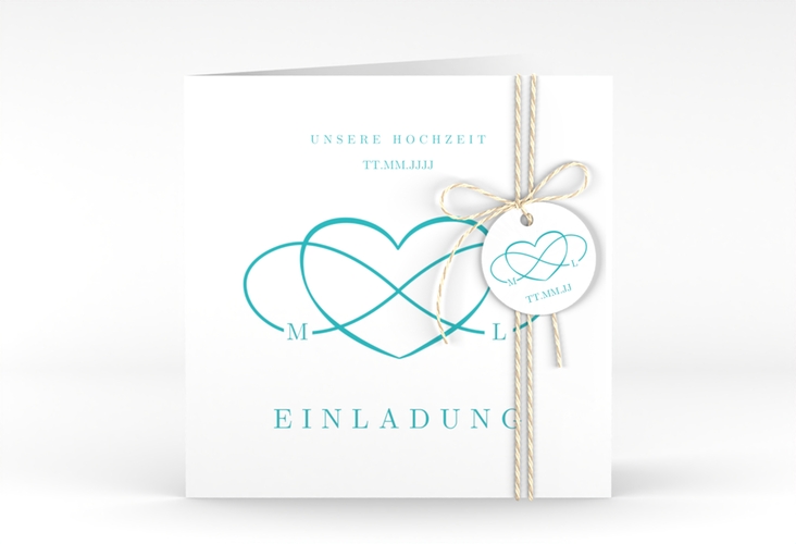 Hochzeitseinladung Infinity quadr. Klappkarte tuerkis hochglanz