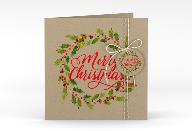 Weihnachtskarte Weihnachtskranz quadr. Klappkarte Kraftpapier hochglanz mit Kranz aus Stechpalme