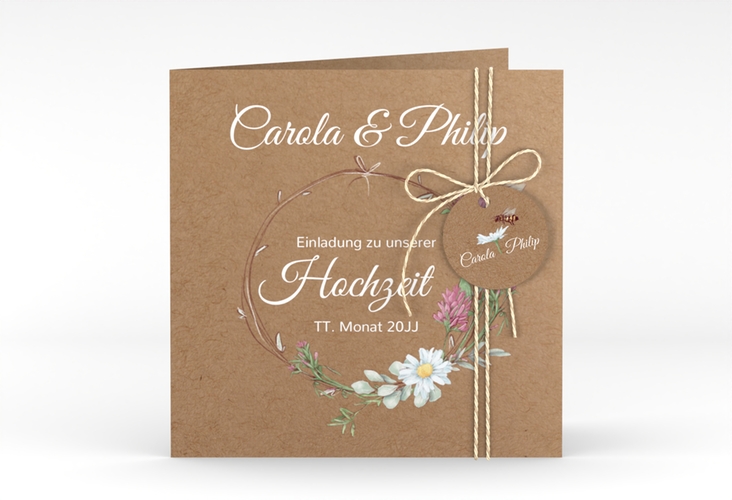 Hochzeitseinladung Honey quadr. Klappkarte Kraftpapier mit Wiesenblumen und Biene