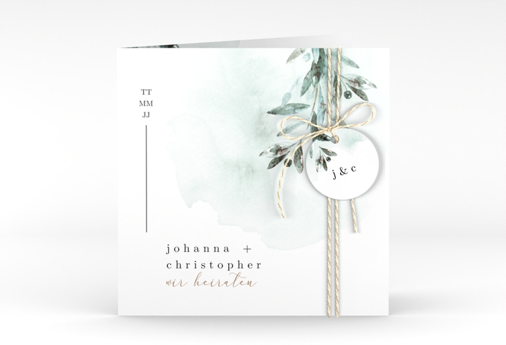 Hochzeitseinladung Mediterran quadr. Klappkarte mit Lorbeerzweig in Aquarell