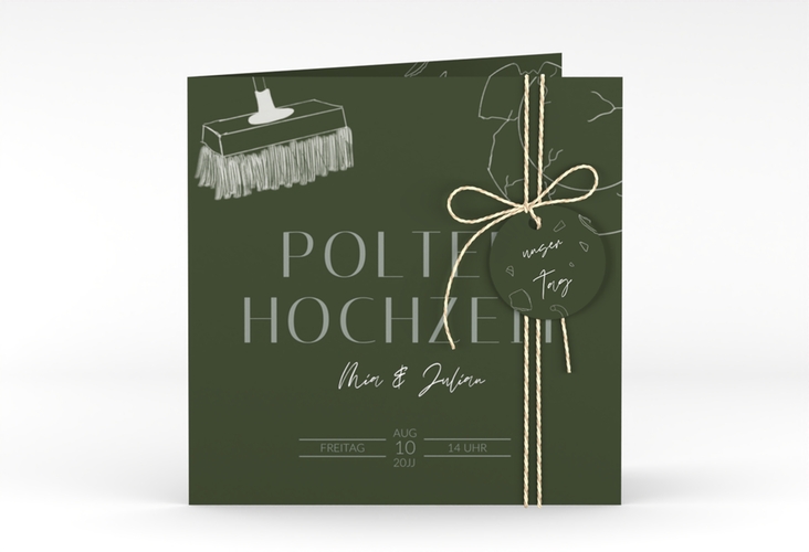 Hochzeitseinladung Polterhochzeit quadr. Klappkarte mit Besen und kaputtem Porzellanteller