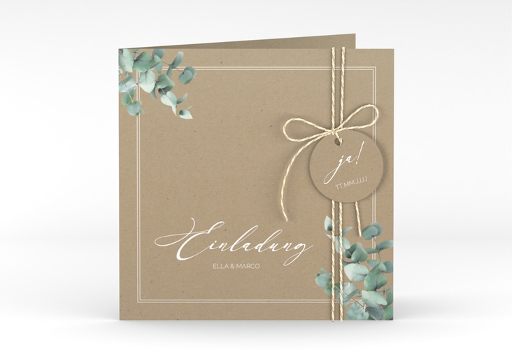 Hochzeitseinladung Eucalypt quadr. Klappkarte Kraftpapier hochglanz mit Eukalyptus und edlem Rahmen