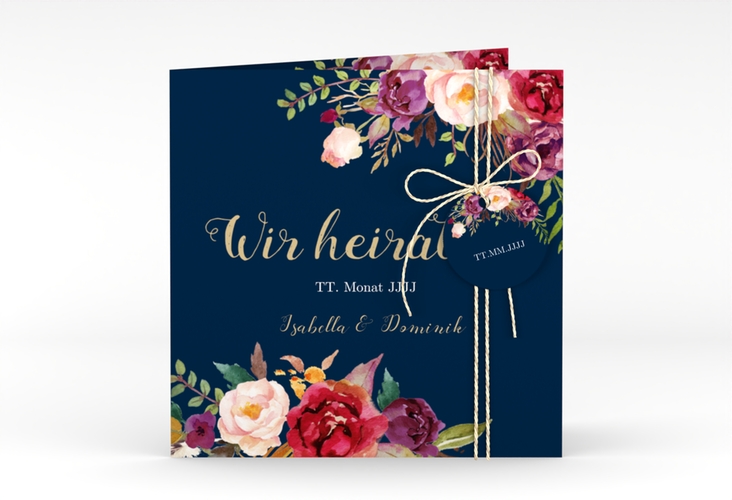 Hochzeitseinladung Flowers quadr. Klappkarte blau hochglanz mit bunten Aquarell-Blumen