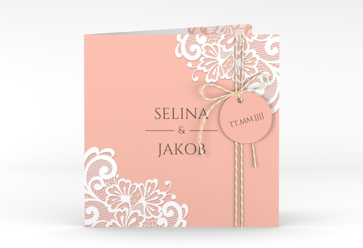 Hochzeitseinladung Vintage quadr. Klappkarte apricot mit floraler Spitze