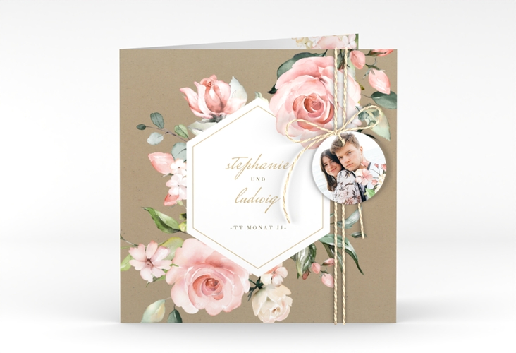 Hochzeitseinladung Graceful quadr. Klappkarte Kraftpapier hochglanz mit Rosenblüten in Rosa und Weiß