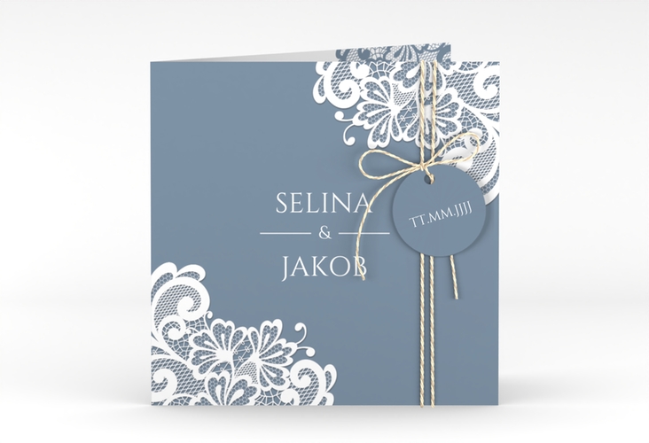 Hochzeitseinladung Vintage quadr. Klappkarte blau hochglanz mit floraler Spitze