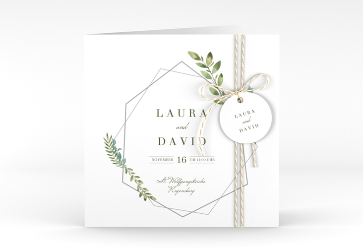 Hochzeitseinladung Herbarium quadr. Klappkarte grau hochglanz mit geometrischem Rahmen und Blätter-Dekor