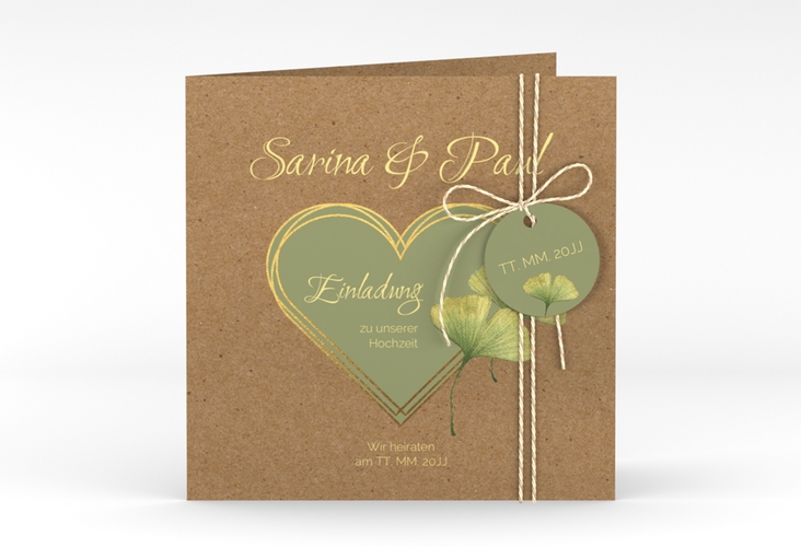Hochzeitseinladung Ginko quadr. Klappkarte Kraftpapier mit Herz und zwei Ginkgo-Blättern