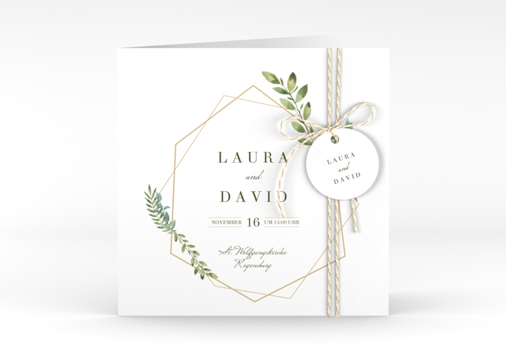Hochzeitseinladung Herbarium quadr. Klappkarte mit geometrischem Rahmen und Blätter-Dekor