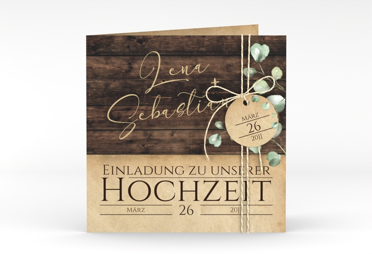 Hochzeitseinladung Landhaus quadr. Klappkarte braun hochglanz in Holz-Optik mit Eukalyptus