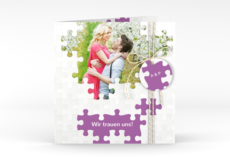 Hochzeitseinladung Puzzle quadr. Klappkarte lila