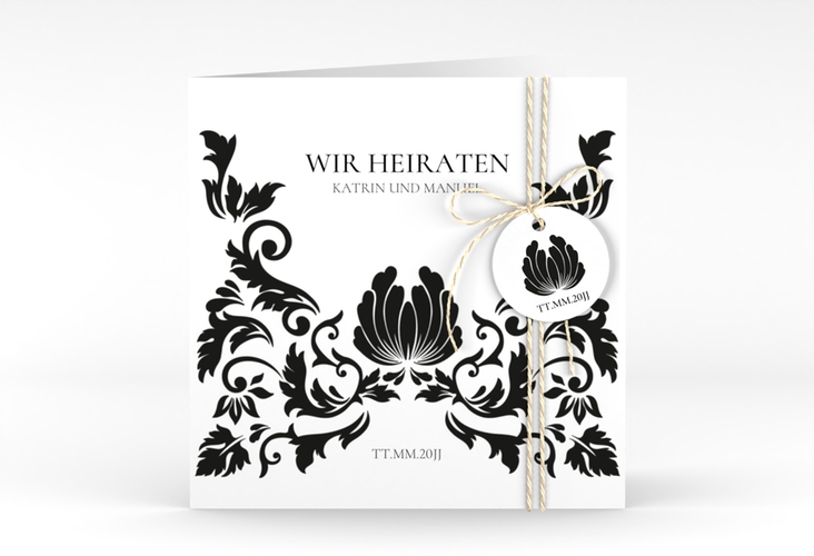 Hochzeitseinladung Royal quadr. Klappkarte weiss hochglanz mit barockem Blumen-Ornament