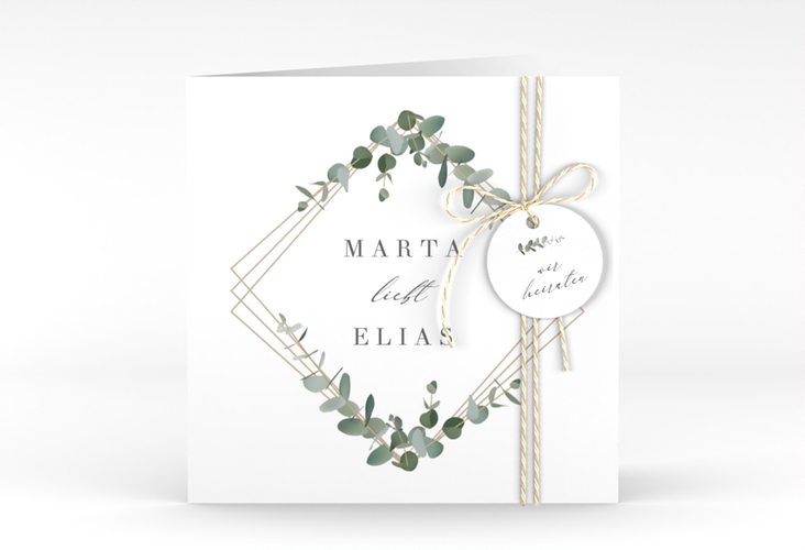 Hochzeitseinladung Eukalyptus quadr. Klappkarte weiss hochglanz