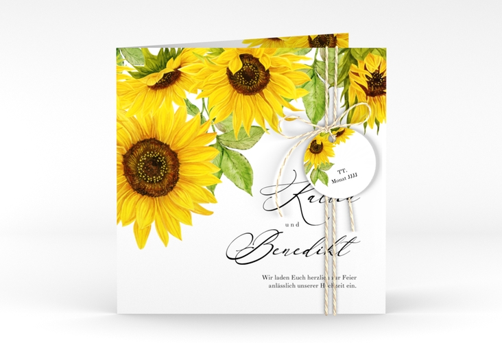 Hochzeitseinladung "Sonnenblume" quadratische Klappkarte weiss