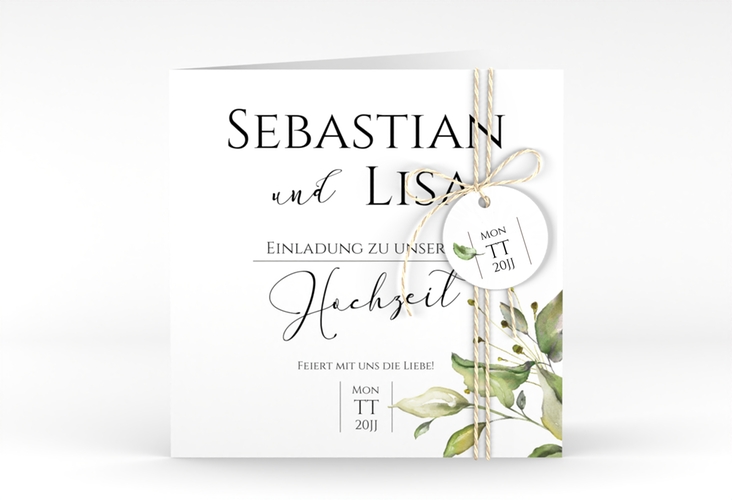 Hochzeitseinladung Leaves quadr. Klappkarte weiss hochglanz