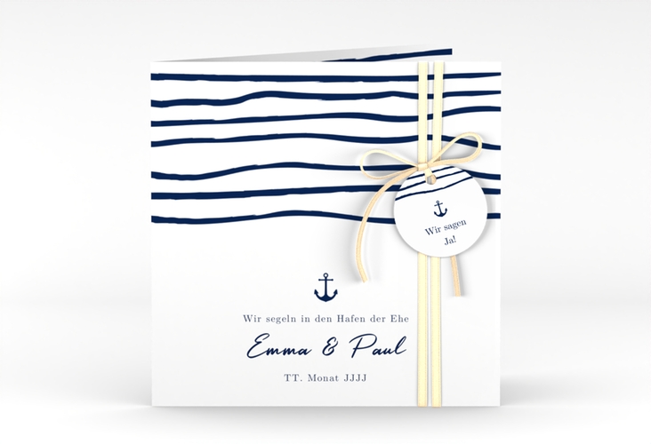 Hochzeitseinladung Liebesanker quadr. Klappkarte blau mit maritimem Streifenmuster und kleinem Anker