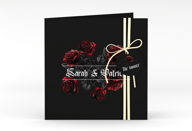 Hochzeitseinladung Gothic Rose quadr. Klappkarte schwarz hochglanz