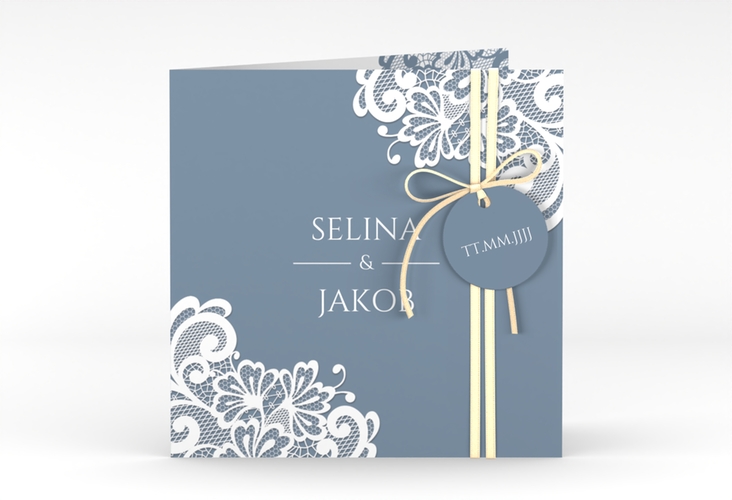 Hochzeitseinladung Vintage quadr. Klappkarte blau mit floraler Spitze