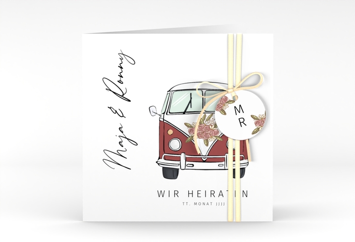 Hochzeitseinladung Hochzeitsbulli quadr. Klappkarte rot hochglanz