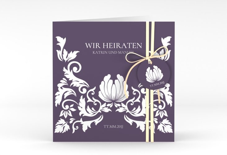 Hochzeitseinladung Royal quadr. Klappkarte lila mit barockem Blumen-Ornament