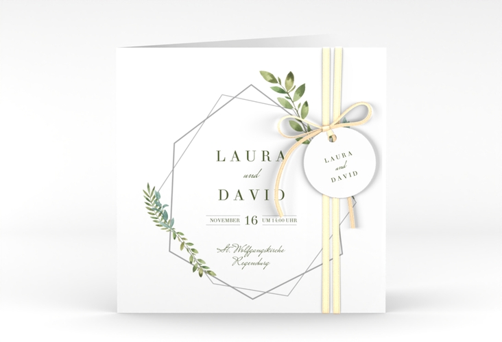 Hochzeitseinladung Herbarium quadr. Klappkarte grau hochglanz mit geometrischem Rahmen und Blätter-Dekor