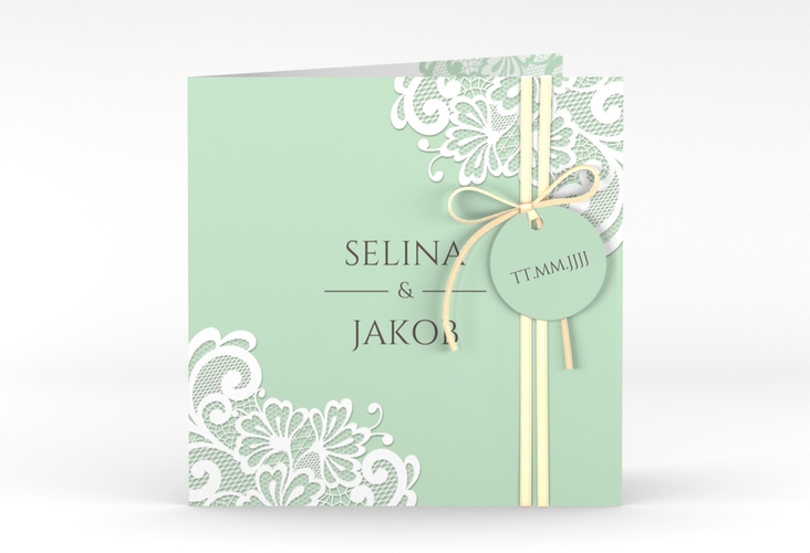 Hochzeitseinladung Vintage quadr. Klappkarte mint mit floraler Spitze