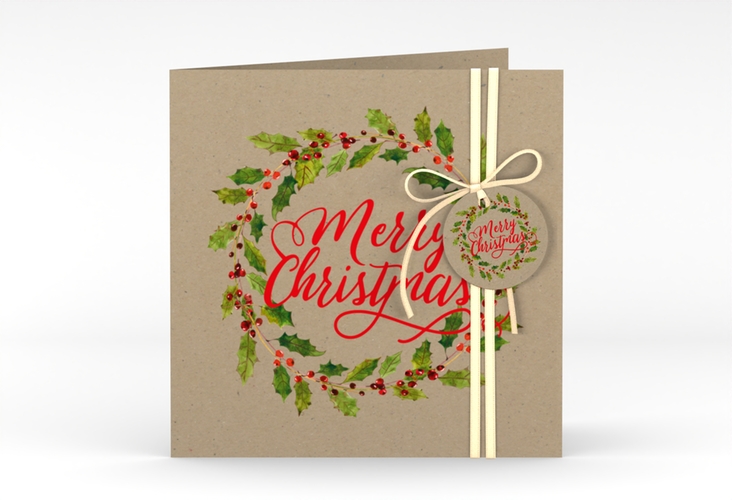 Weihnachtskarte Weihnachtskranz quadr. Klappkarte Kraftpapier hochglanz mit Kranz aus Stechpalme