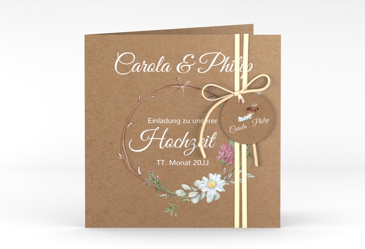 Hochzeitseinladung Honey quadr. Klappkarte Kraftpapier mit Wiesenblumen und Biene