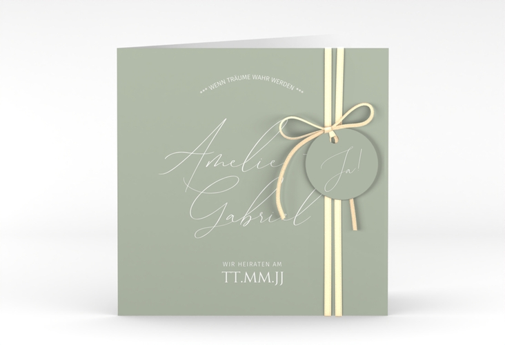 Hochzeitseinladung Federschrift quadr. Klappkarte gruen in schlichtem Design mit Kalligrafie
