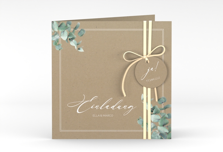 Hochzeitseinladung Eucalypt quadr. Klappkarte Kraftpapier hochglanz mit Eukalyptus und edlem Rahmen