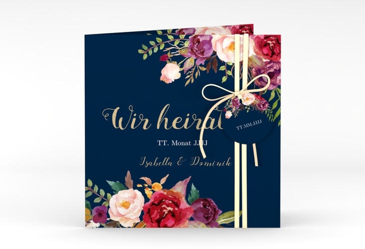 Hochzeitseinladung Flowers quadr. Klappkarte blau hochglanz mit bunten Aquarell-Blumen