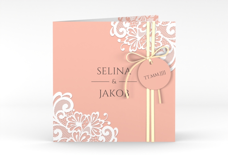 Hochzeitseinladung Vintage quadr. Klappkarte apricot mit floraler Spitze