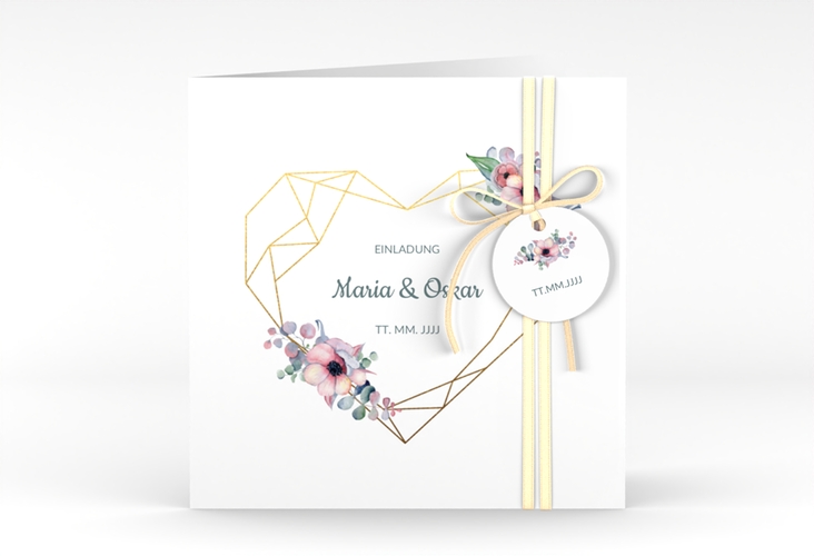 Hochzeitseinladung Herzgold quadr. Klappkarte weiss