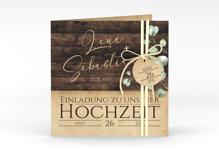Hochzeitseinladung Landhaus quadr. Klappkarte braun hochglanz in Holz-Optik mit Eukalyptus