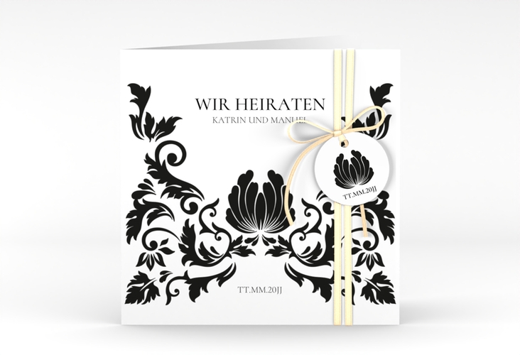 Hochzeitseinladung Royal quadr. Klappkarte weiss hochglanz mit barockem Blumen-Ornament