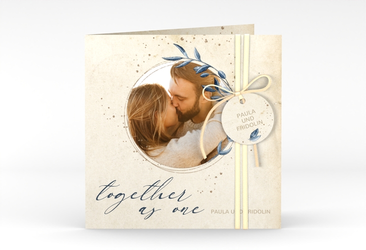 Hochzeitseinladung YinYang quadr. Klappkarte beige im Vintage-Look