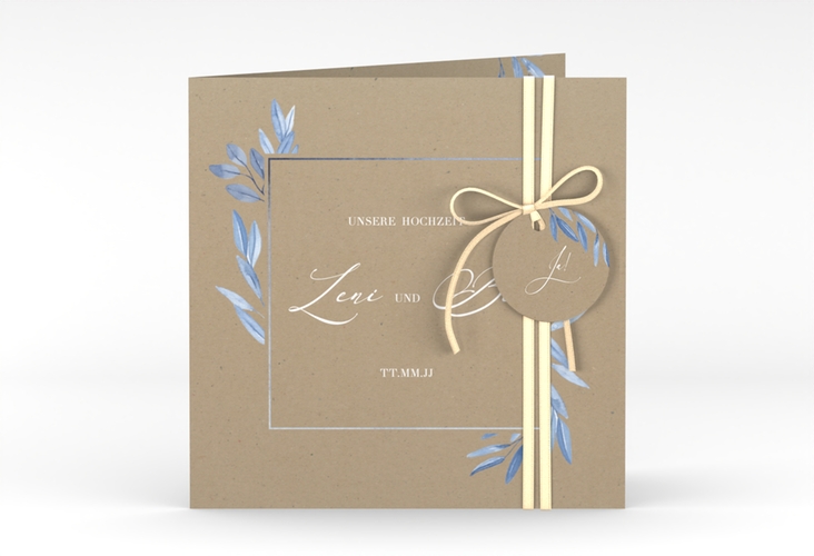 Hochzeitseinladung Classicblue quadr. Klappkarte Kraftpapier